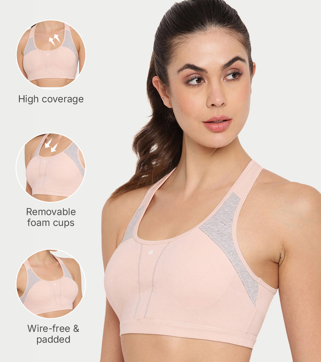 Enamor Medium Impact, Side Panel Shaping, Racer Back Women's Cotton Sports Bra - Padding with Removable Cups, Wirefree, High Coverage - SB08 (Pearl)